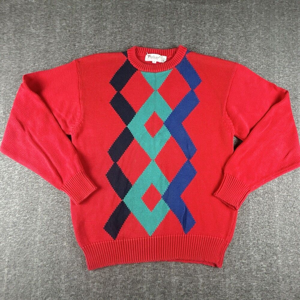 Vintage Parker Of Vienna Pullover Sweater Mens Sz L Red Geometric 100% Cotton